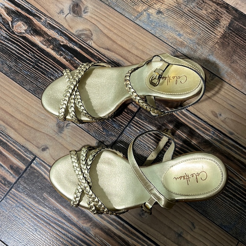 Cole Haan high heel wedge gold braided leather